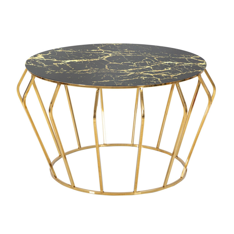Table basse design art déco Ronde Verre Noir Effet marbre Métal Doré Histor 78 cm 