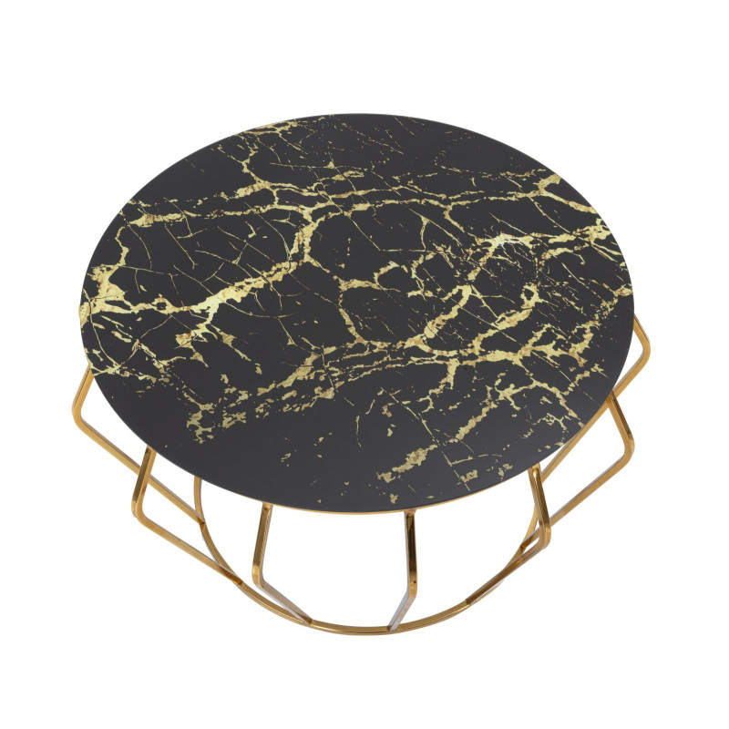 Table basse design art déco Ronde Verre Noir Effet marbre Métal Doré Histor 78 cm 