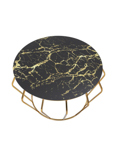 Table basse design art déco Ronde Verre Noir Effet marbre Métal Doré Histor 78 cm 