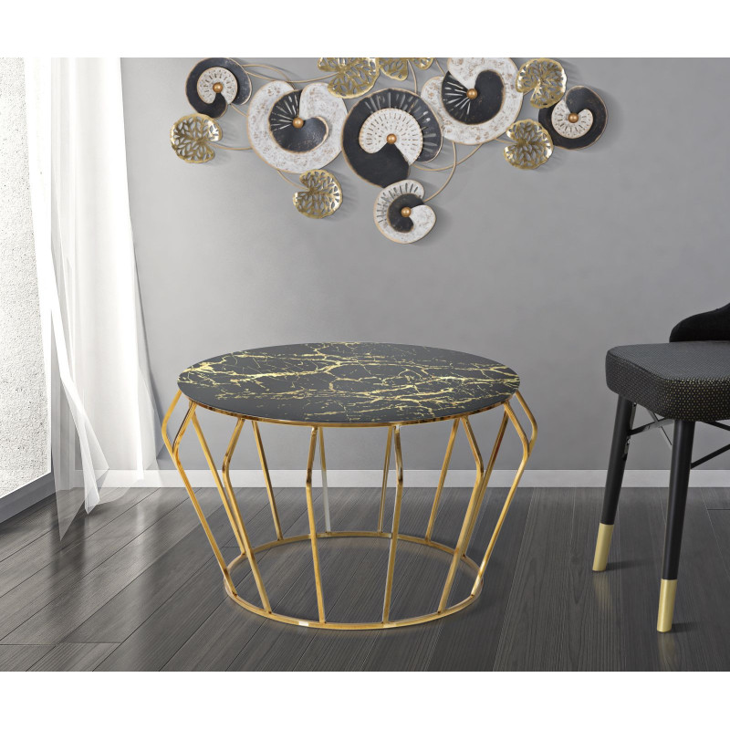 Table basse design art déco Ronde Verre Noir Effet marbre Métal Doré Histor 78 cm 