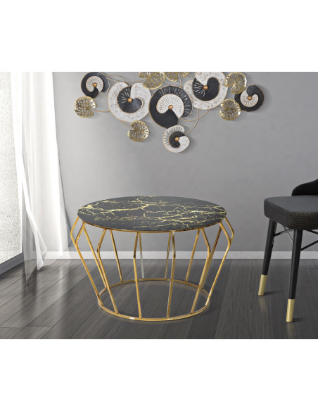 Table basse design art déco Ronde Verre Noir Effet marbre Métal Doré Histor 78 cm 