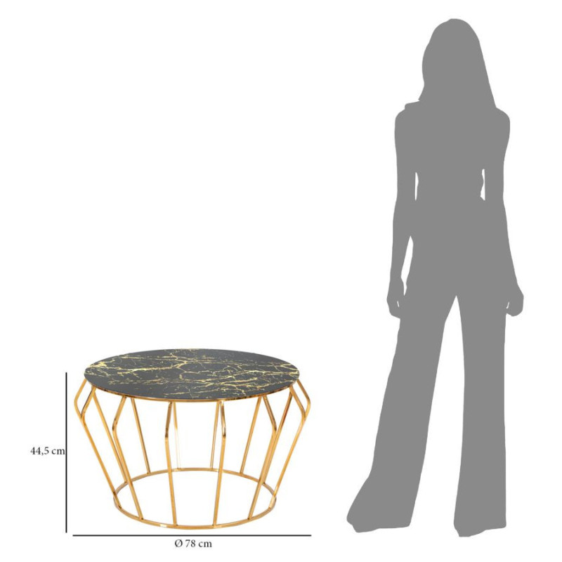 Table basse design art déco Ronde Verre Noir Effet marbre Métal Doré Histor 78 cm 