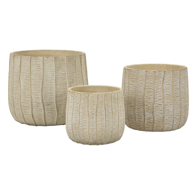 Lot de 3 Cache-pots ethnique chic Rond Céramique Blanc crème Flake 