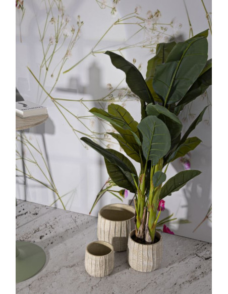 Lot de 3 Cache-pots ethnique chic Rond Céramique Blanc crème Flake 