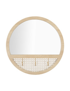 Miroir mural d'entrée bohème chic Rond 3 crochets 50x50 Bois MDF Naturel Métal Effet cannage Fuji 