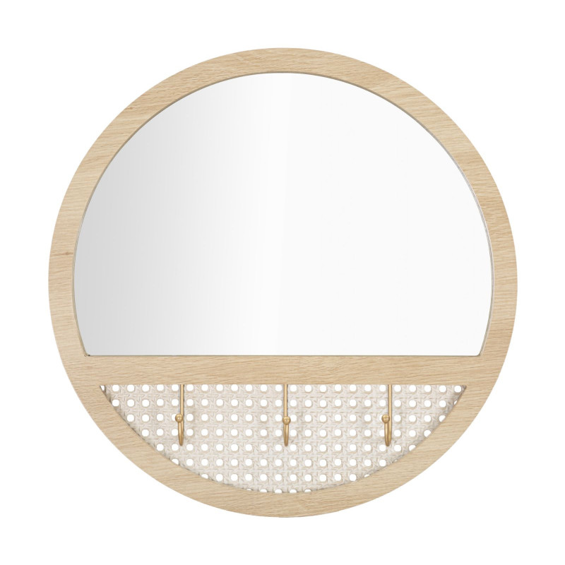 Miroir mural d'entrée bohème chic Rond 3 crochets 50x50 Bois MDF Naturel Métal Effet cannage Fuji 