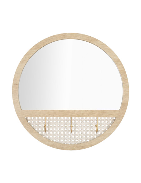 Miroir mural d'entrée bohème chic Rond 3 crochets 50x50 Bois MDF Naturel Métal Effet cannage Fuji 
