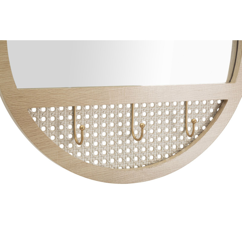 Miroir mural d'entrée bohème chic Rond 3 crochets 50x50 Bois MDF Naturel Métal Effet cannage Fuji 