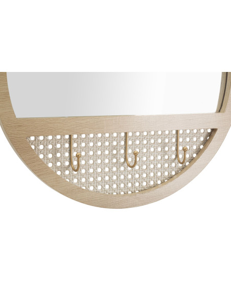 Miroir mural d'entrée bohème chic Rond 3 crochets 50x50 Bois MDF Naturel Métal Effet cannage Fuji 