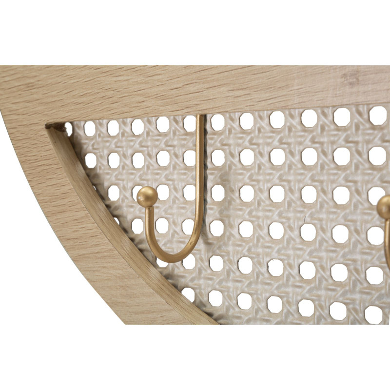 Miroir mural d'entrée bohème chic Rond 3 crochets 50x50 Bois MDF Naturel Métal Effet cannage Fuji 