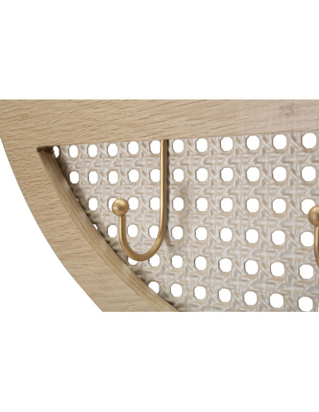 Miroir mural d'entrée bohème chic Rond 3 crochets 50x50 Bois MDF Naturel Métal Effet cannage Fuji 