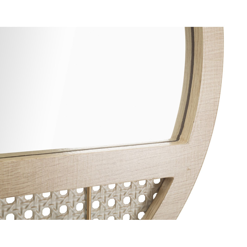 Miroir mural d'entrée bohème chic Rond 3 crochets 50x50 Bois MDF Naturel Métal Effet cannage Fuji 