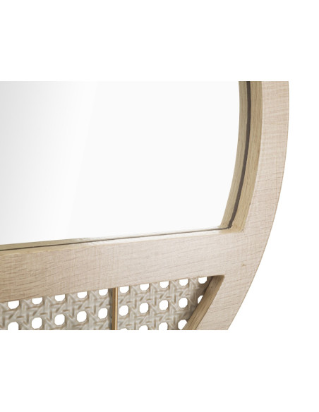 Miroir mural d'entrée bohème chic Rond 3 crochets 50x50 Bois MDF Naturel Métal Effet cannage Fuji 