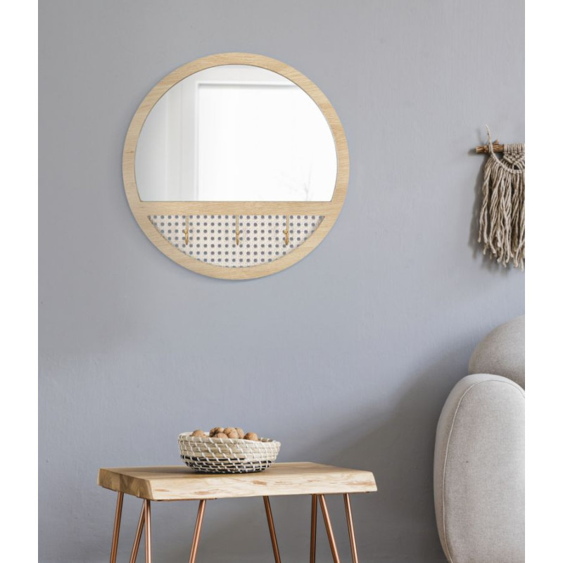Miroir mural d'entrée bohème chic Rond 3 crochets 50x50 Bois MDF Naturel Métal Effet cannage Fuji 