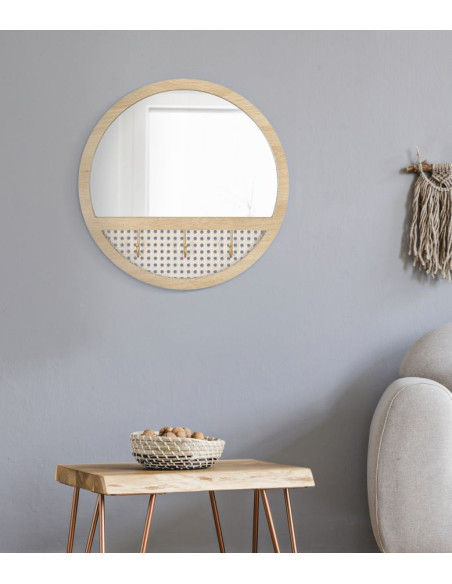 Miroir mural d'entrée bohème chic Rond 3 crochets 50x50 Bois MDF Naturel Métal Effet cannage Fuji 