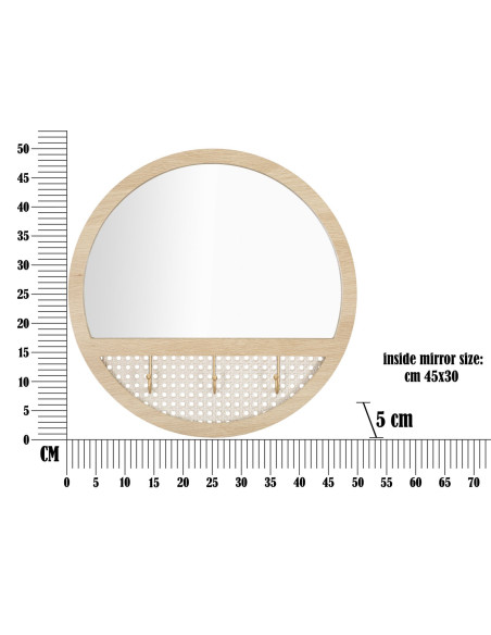 Miroir mural d'entrée bohème chic Rond 3 crochets 50x50 Bois MDF Naturel Métal Effet cannage Fuji 