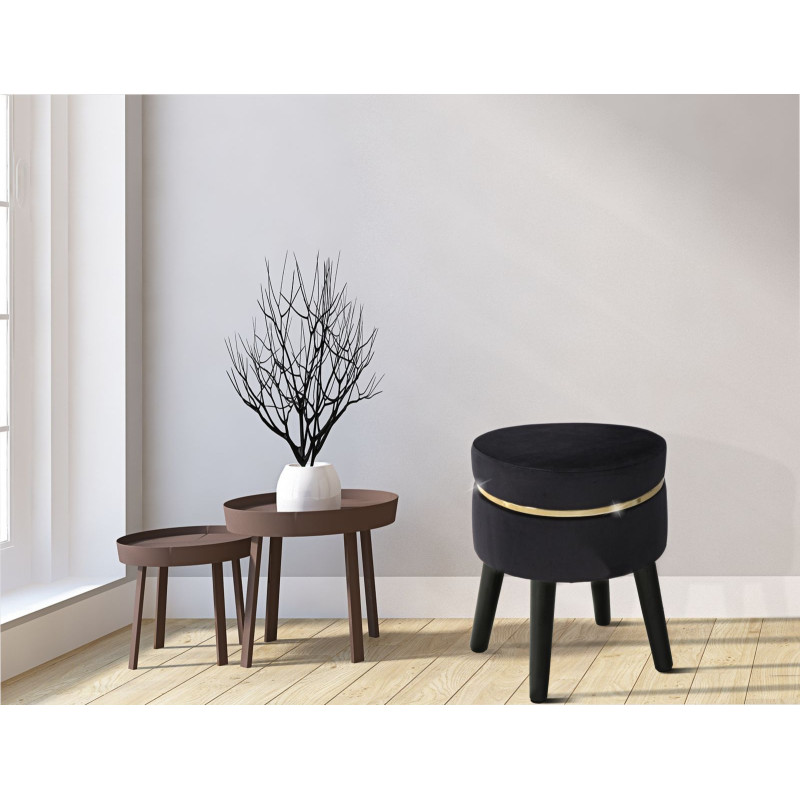 Tabouret design chic Rond Tissu Noir Doré Bois MDF Paris 35 cm 