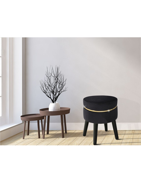 Tabouret design chic Rond Tissu Noir Doré Bois MDF Paris 35 cm 