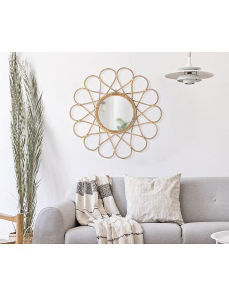 Miroir mural design bohème chic Soleil 65x65 Rotin Naturel Métal Almeria 