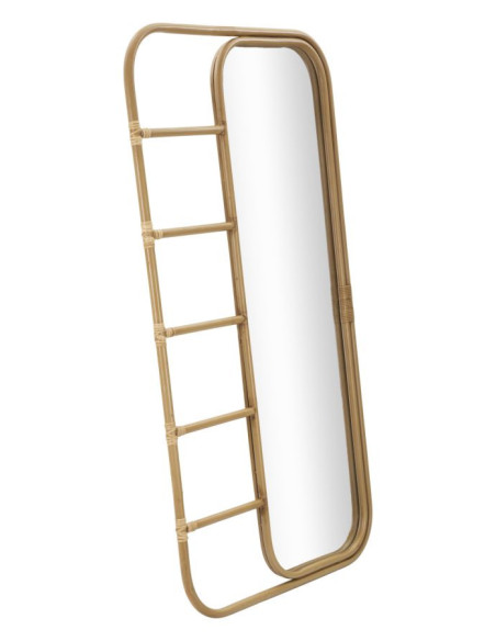 Grand Miroir à poser bohème chic Rectangulaire 77x151 Rotin Naturel Métal Bois MDF Panama H 151 cm 