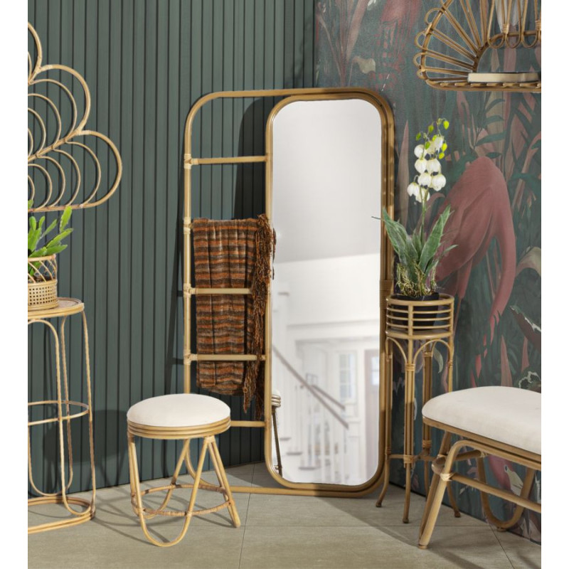 Grand Miroir à poser bohème chic Rectangulaire 77x151 Rotin Naturel Métal Bois MDF Panama H 151 cm 