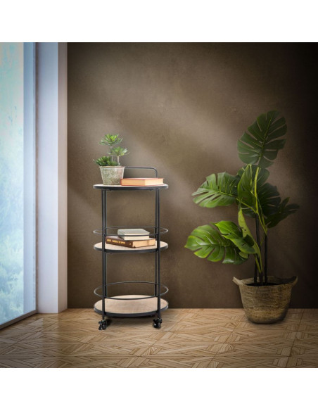 Desserte design industrielle Ronde 3 niveaux Bois MDF Naturel Métal Noir Arex 40 cm 