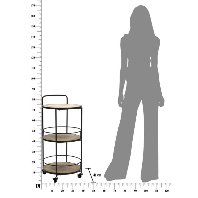 Desserte design industrielle Ronde 3 niveaux Bois MDF Naturel Métal Noir Arex 40 cm 
