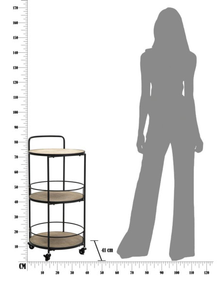 Desserte design industrielle Ronde 3 niveaux Bois MDF Naturel Métal Noir Arex 40 cm 