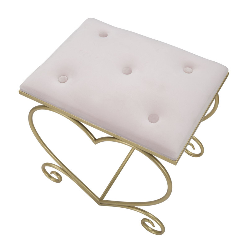 Tabouret design chic Coeur Rectangulaire Tissu Rose Capitonné Métal Doré Bois MDF Heart 50 cm 