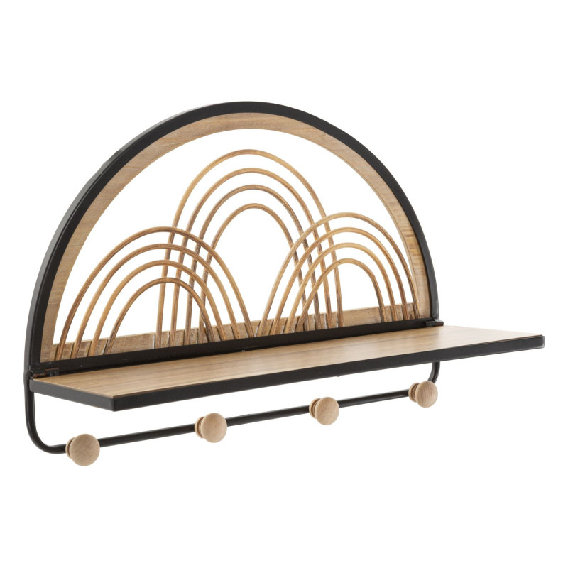 Étagère murale d'entrée porte manteau 4 crochets Rotin Naturel Métal Noir Bois MDF Oporto 46 cm 