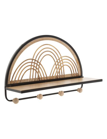 Étagère murale d'entrée porte manteau 4 crochets Rotin Naturel Métal Noir Bois MDF Oporto 46 cm 
