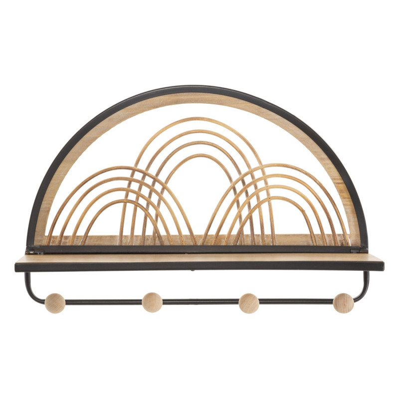 Étagère murale d'entrée porte manteau 4 crochets Rotin Naturel Métal Noir Bois MDF Oporto 46 cm 