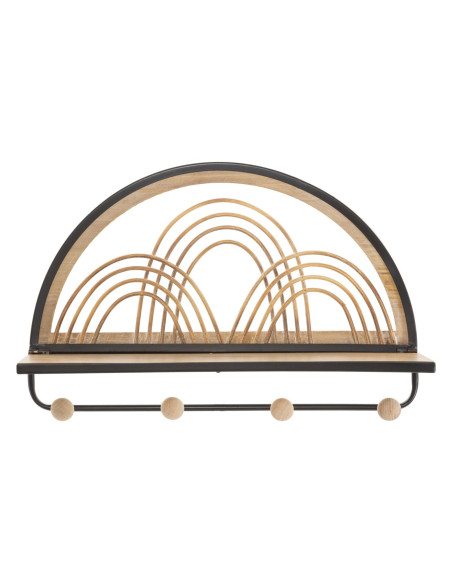 Étagère murale d'entrée porte manteau 4 crochets Rotin Naturel Métal Noir Bois MDF Oporto 46 cm 