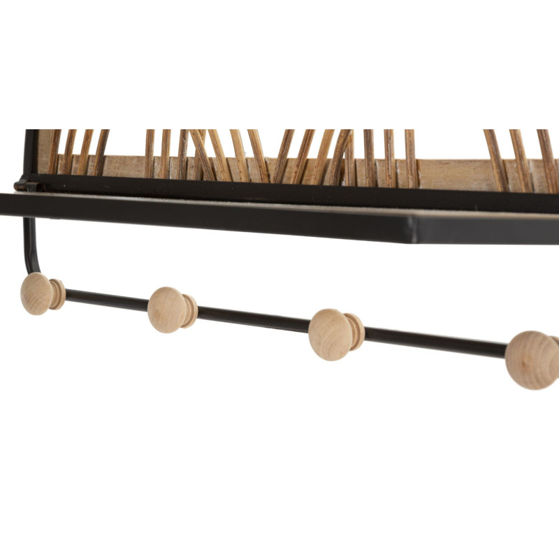 Étagère murale d'entrée porte manteau 4 crochets Rotin Naturel Métal Noir Bois MDF Oporto 46 cm 