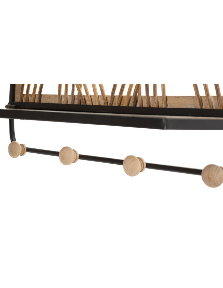 Étagère murale d'entrée porte manteau 4 crochets Rotin Naturel Métal Noir Bois MDF Oporto 46 cm 