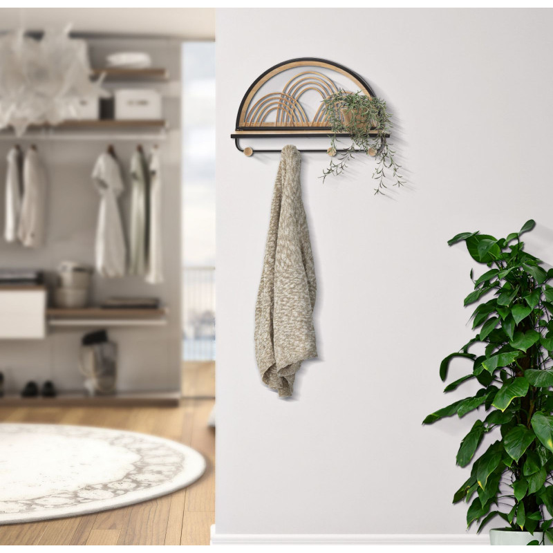 Étagère murale d'entrée porte manteau 4 crochets Rotin Naturel Métal Noir Bois MDF Oporto 46 cm 