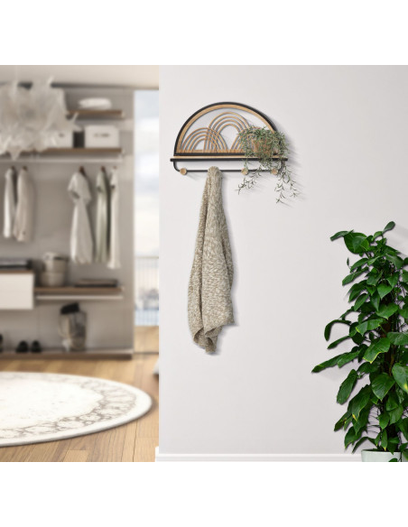 Étagère murale d'entrée porte manteau 4 crochets Rotin Naturel Métal Noir Bois MDF Oporto 46 cm 