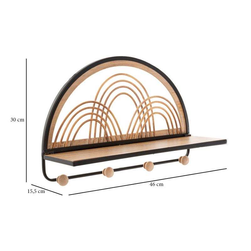 Étagère murale d'entrée porte manteau 4 crochets Rotin Naturel Métal Noir Bois MDF Oporto 46 cm 