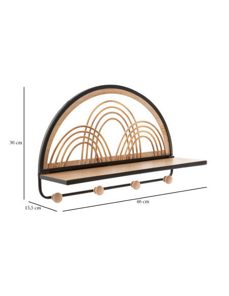 Étagère murale d'entrée porte manteau 4 crochets Rotin Naturel Métal Noir Bois MDF Oporto 46 cm 