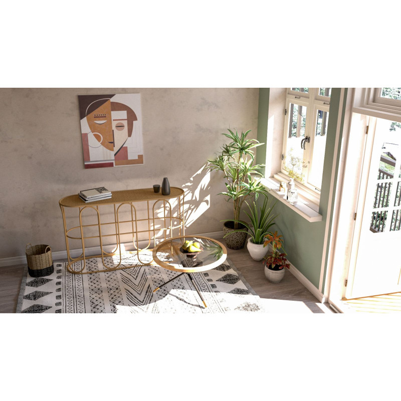 Console bohème chic Ovale Rotin Naturel Tressé Métal Samui 110 cm 