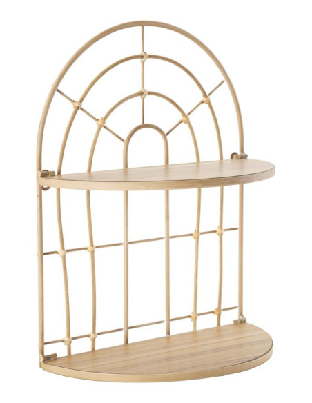 Étagère murale design bohème chic Arrondie 2 niveaux Métal Doré Bois MDF Naturel Arch H 45 cm 