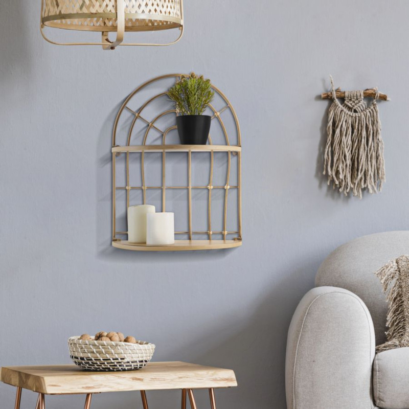 Étagère murale design bohème chic Arrondie 2 niveaux Métal Doré Bois MDF Naturel Arch H 45 cm 