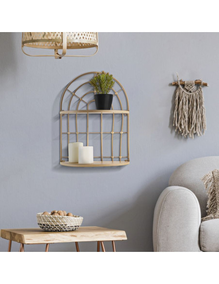 Étagère murale design bohème chic Arrondie 2 niveaux Métal Doré Bois MDF Naturel Arch H 45 cm 