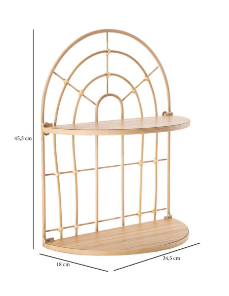Étagère murale design bohème chic Arrondie 2 niveaux Métal Doré Bois MDF Naturel Arch H 45 cm 