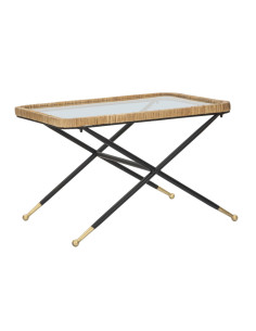 Table basse design chic bord de mer Rectangulaire Verre Transparent Rotin Naturel Tressé Métal Noir Doré Saint Barth 70 cm 