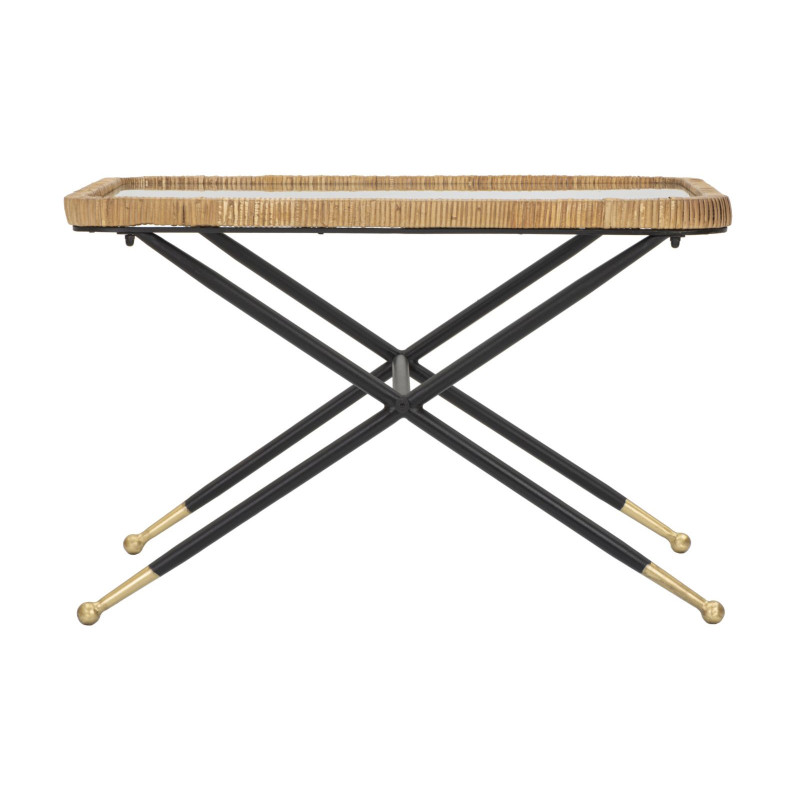 Table basse design chic bord de mer Rectangulaire Verre Transparent Rotin Naturel Tressé Métal Noir Doré Saint Barth 70 cm 