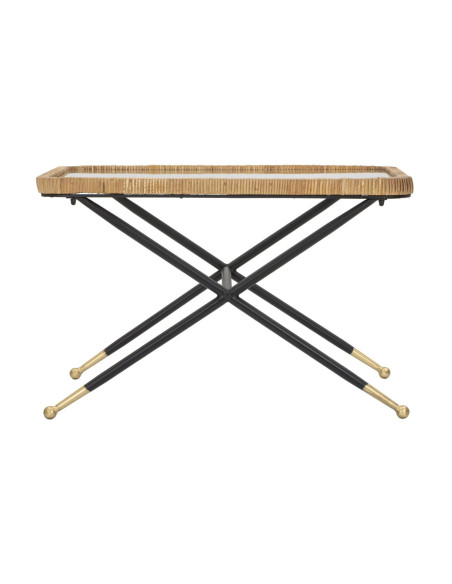 Table basse design chic bord de mer Rectangulaire Verre Transparent Rotin Naturel Tressé Métal Noir Doré Saint Barth 70 cm 