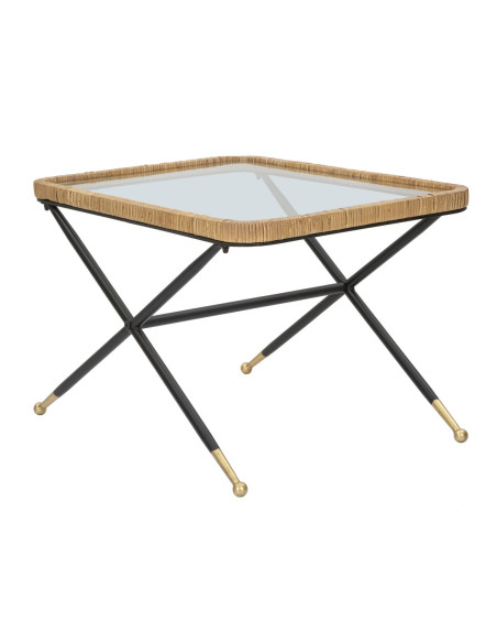 Table basse design chic bord de mer Rectangulaire Verre Transparent Rotin Naturel Tressé Métal Noir Doré Saint Barth 70 cm 