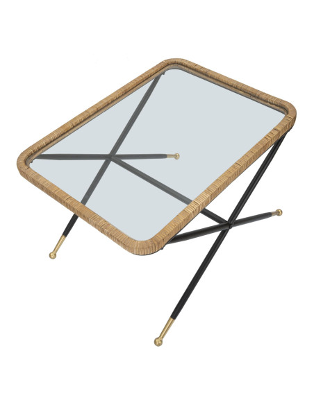 Table basse design chic bord de mer Rectangulaire Verre Transparent Rotin Naturel Tressé Métal Noir Doré Saint Barth 70 cm 