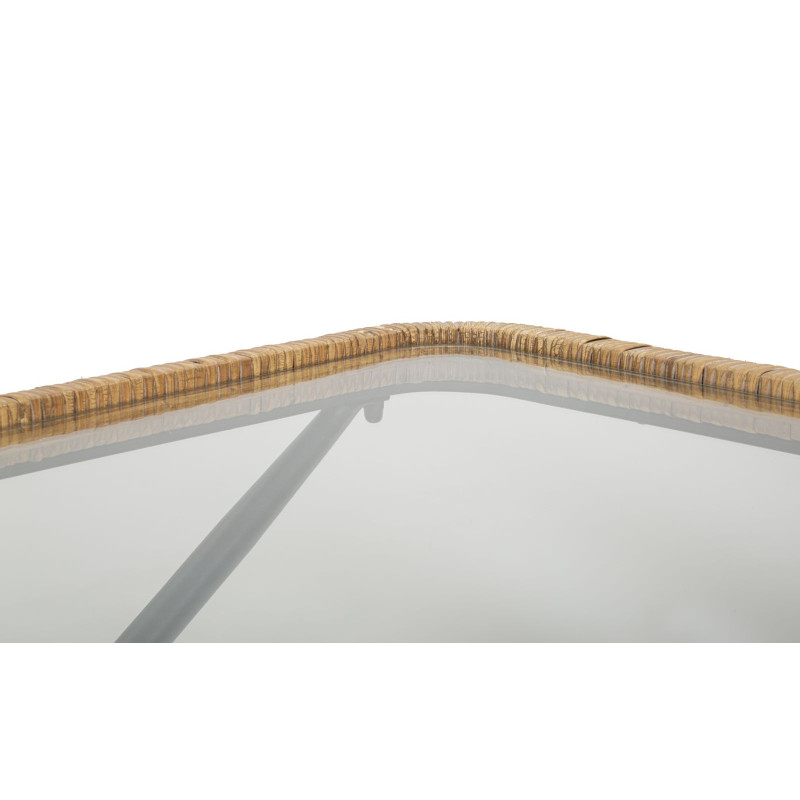 Table basse design chic bord de mer Rectangulaire Verre Transparent Rotin Naturel Tressé Métal Noir Doré Saint Barth 70 cm 